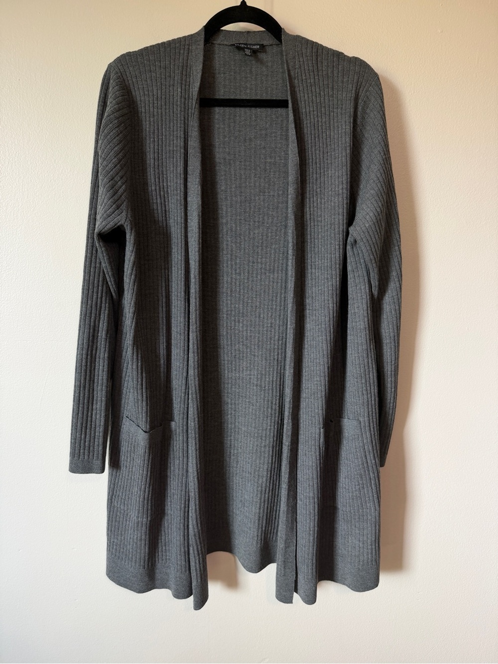 Eileen Fisher 100% wool ribbed duster cardigan with pockets size large boxy fit